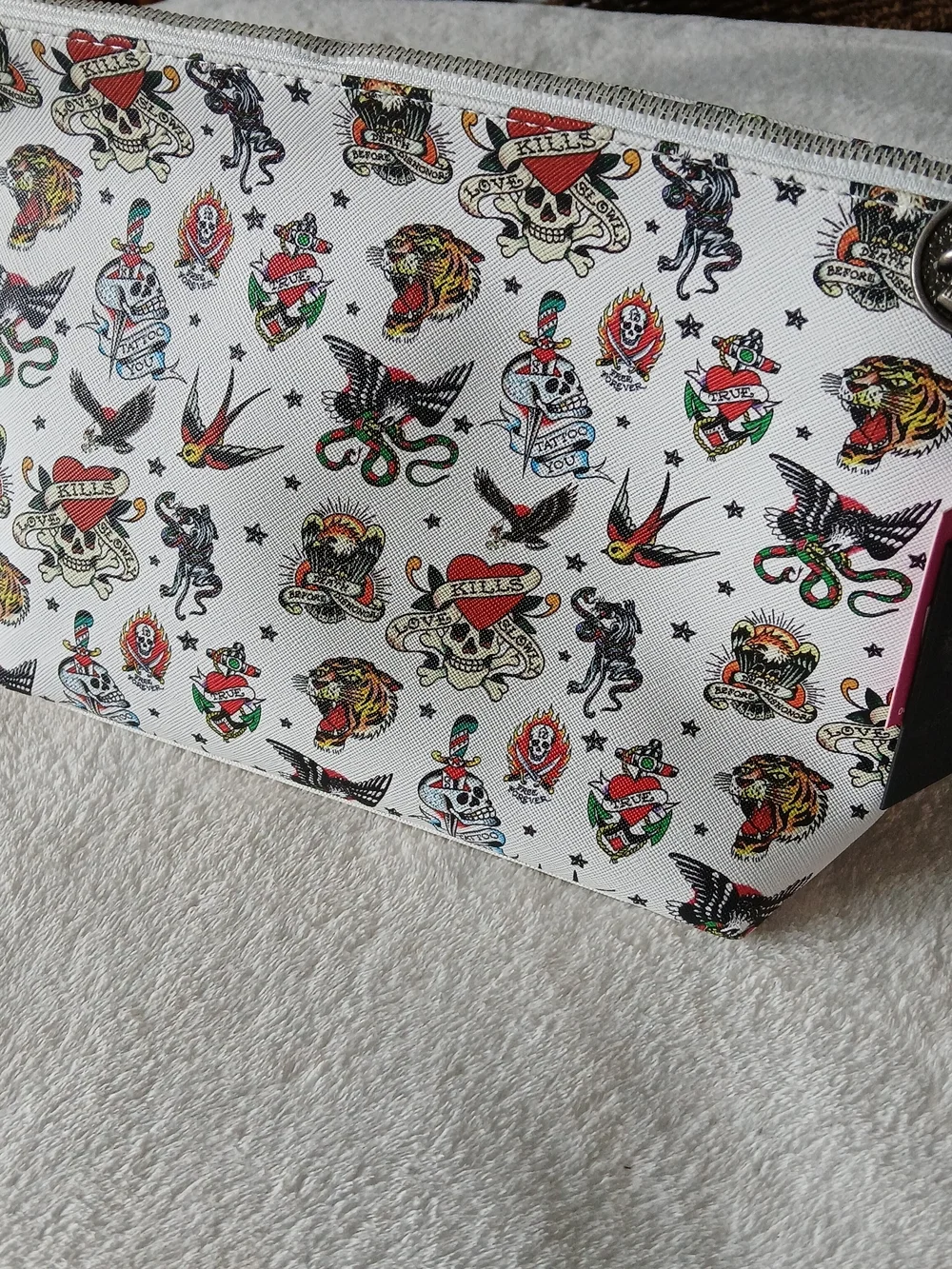 Ed Hardy LARGE White Cosmetic Pouch with Tattoo Motif [NEW WITH TAGS!]